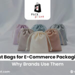 Five pastel-colored drawstring dust bags on a soft, neutral background. Text reads "Dust Bags for E-Commerce Packaging: Why Brands Use Them." Calm and informative tone.